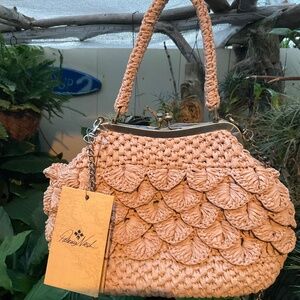Patricia Nash Laureana Scalloped Raffia Satchel Blush Pink NWT